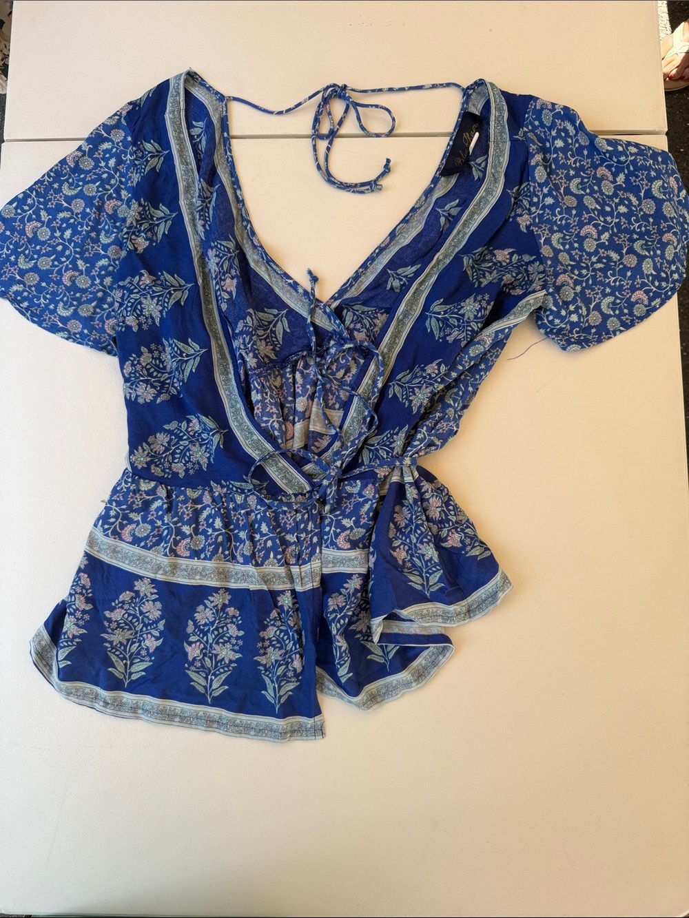 Blue Rain Blue Floral Wrap Blouse with Tie Front